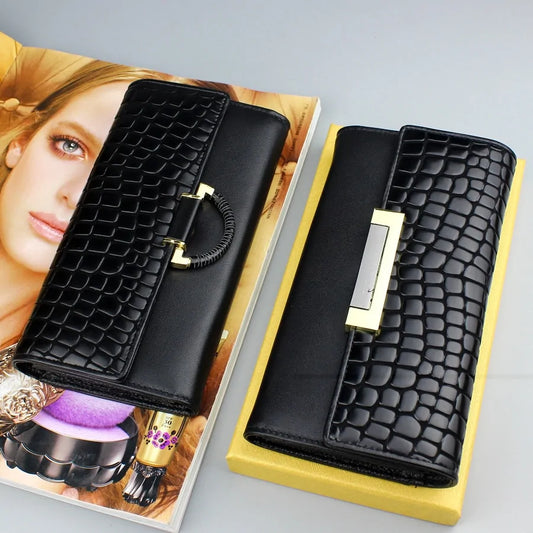 Genuine Leather Women's Wallet: Large Capacity, 3 Fold, Snake Skin Design in Black