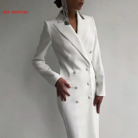 Elegant White Double-Breasted Suit Dress