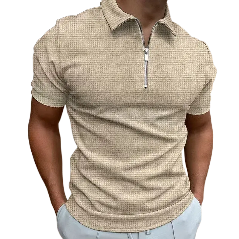 Summer New Men's Zipper Waffle Polo Shirt Short Sleeve Waffle