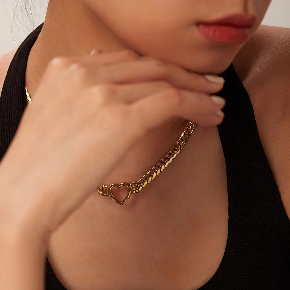 Women's Gold Plated Cuban Link Heart Necklace