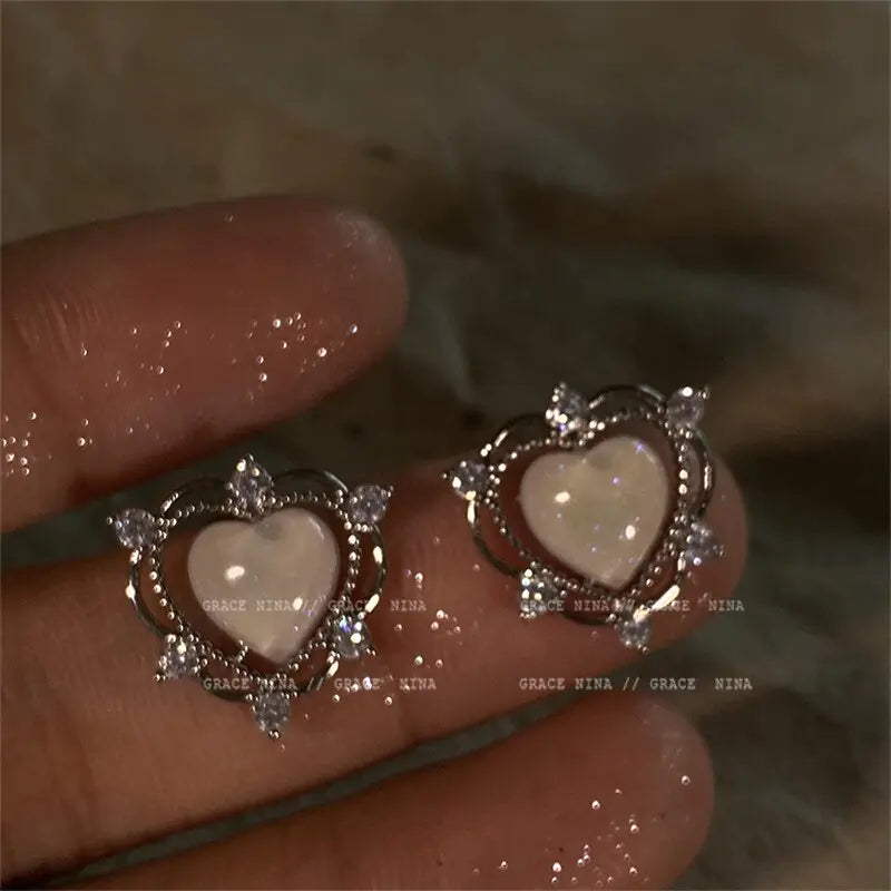 Glitter Shiny Rhinestone Dazzling Peach Heart Stud Earrings