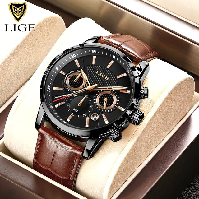 2024 New Men Watch LIGE Luxury Leather Quartz