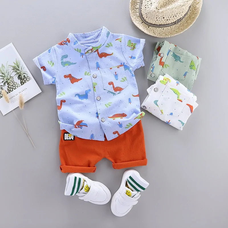Cartoon Dinosaur Print Toddler Boy Summer Set: Shirt + Pants