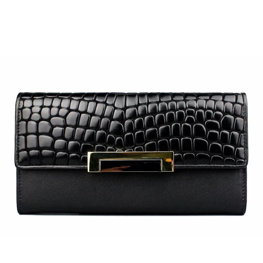 Genuine Leather Women's Wallet: Large Capacity, 3 Fold, Snake Skin Design in Black