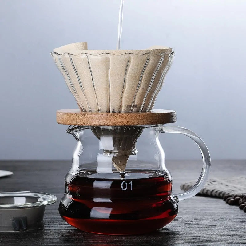 Wooden Holders Drip Coffee Glass and Pot Set