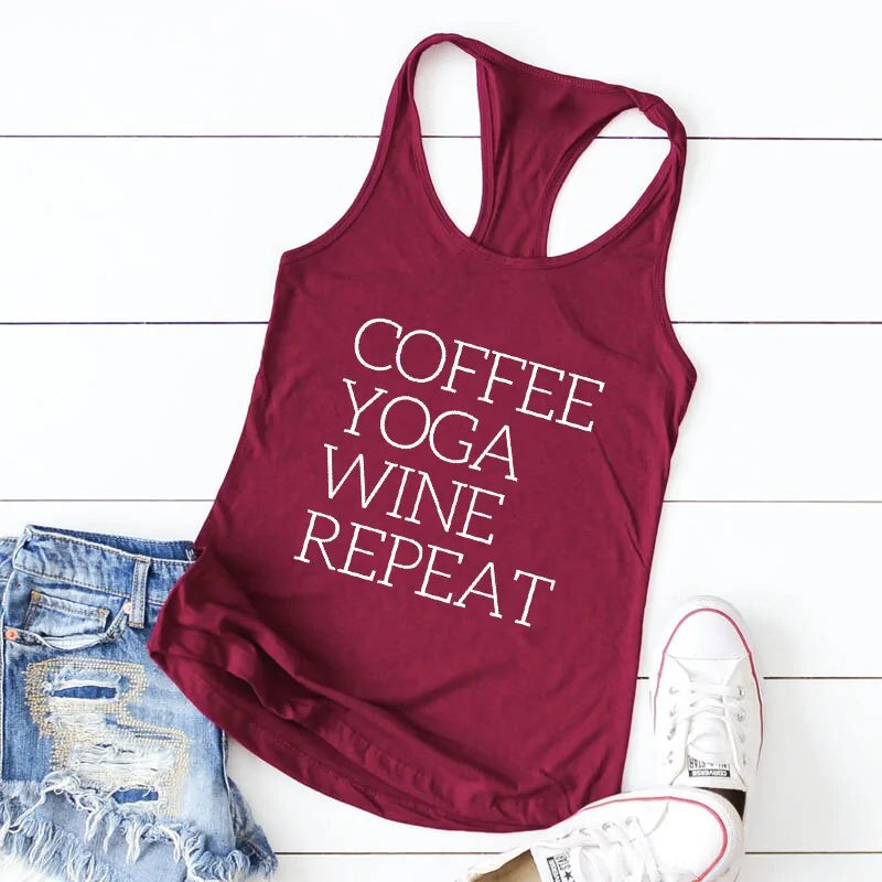 Repeat Coffee, Yoga, Wine: Women's Funny Racerback Tank for Gym and Summer Workouts