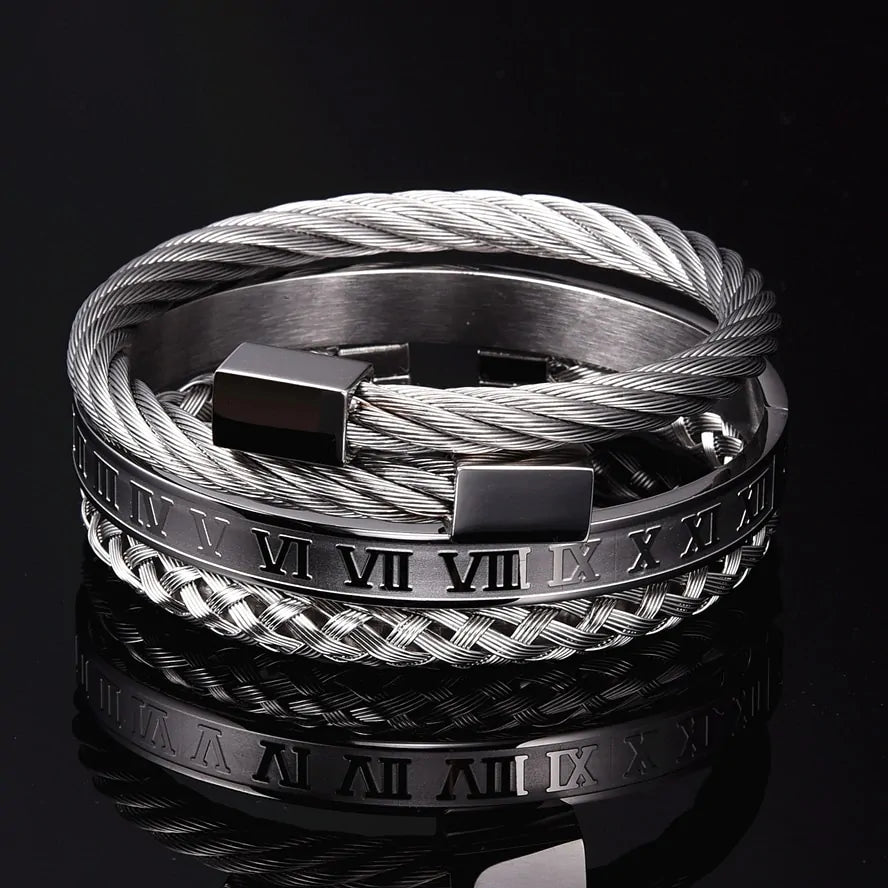 Luxury Stainless Steel Bracelet Set with Roman Numeral Charm for Men