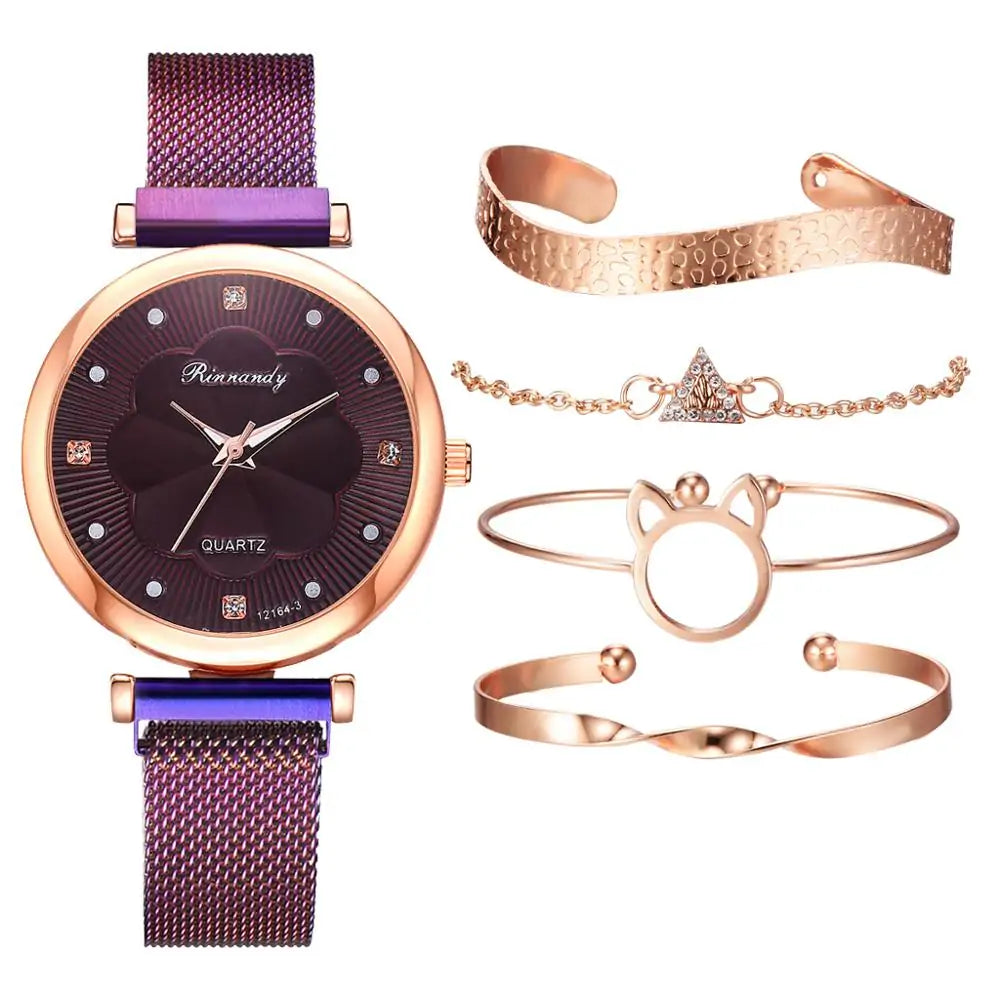 5-Piece Women's Luxury Magnet Buckle Watch Bracelet Set
