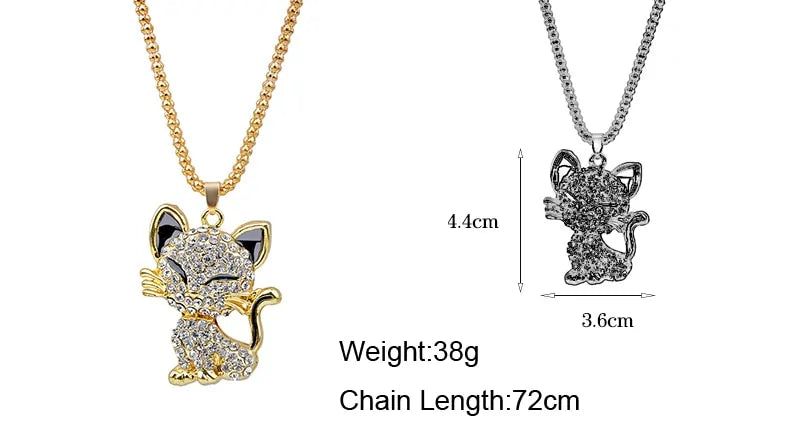 Gold Filled Rhinestone Cat Necklace: Enamel Crystal Pendant