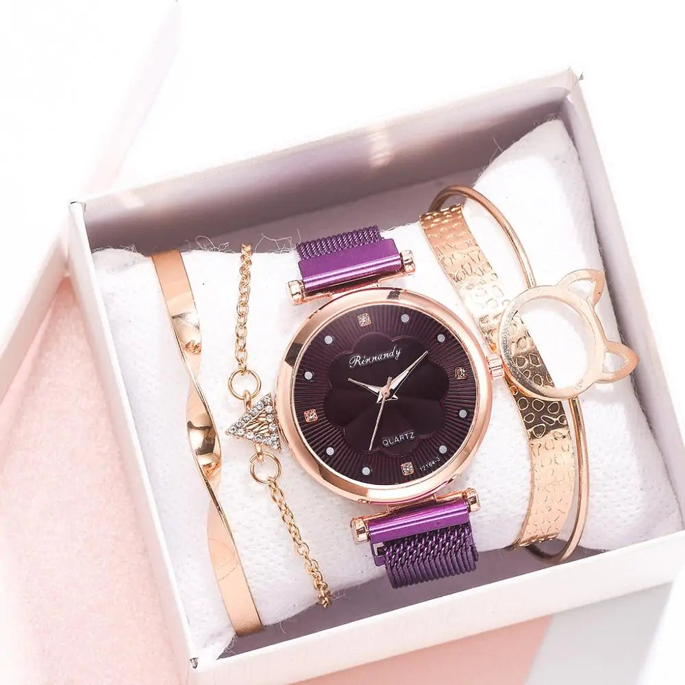 5-Piece Women's Luxury Magnet Buckle Watch Bracelet Set