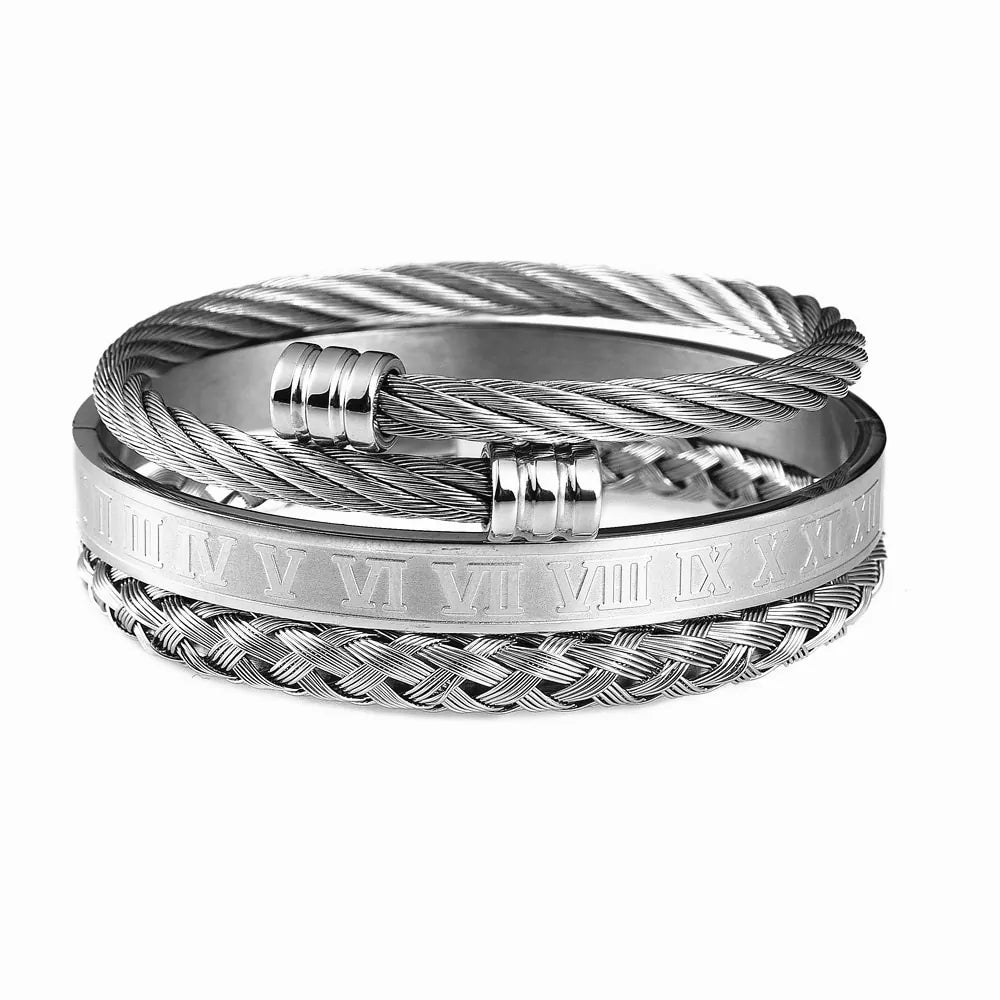 Luxury Stainless Steel Bracelet Set with Roman Numeral Charm for Men