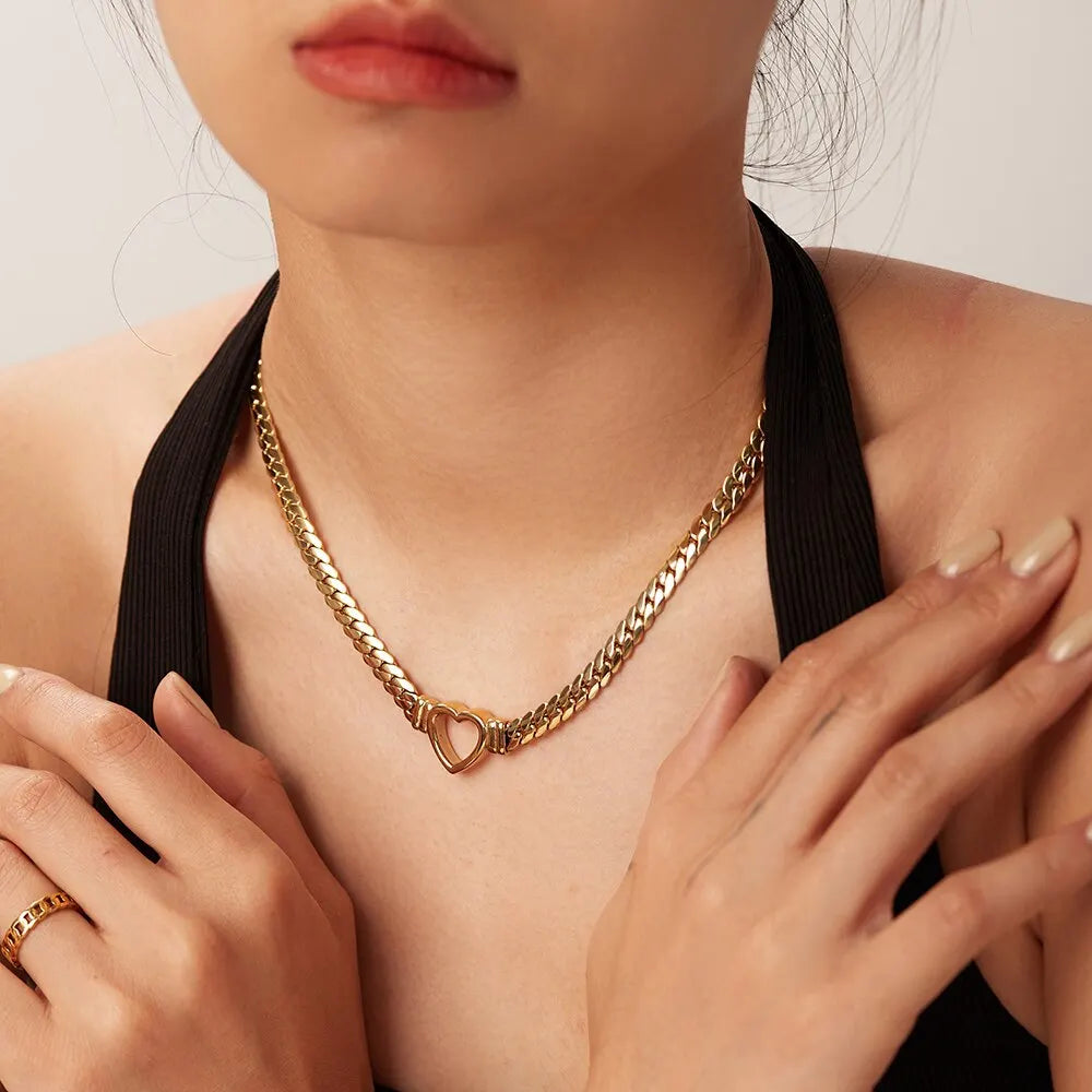 Women's Gold Plated Cuban Link Heart Necklace