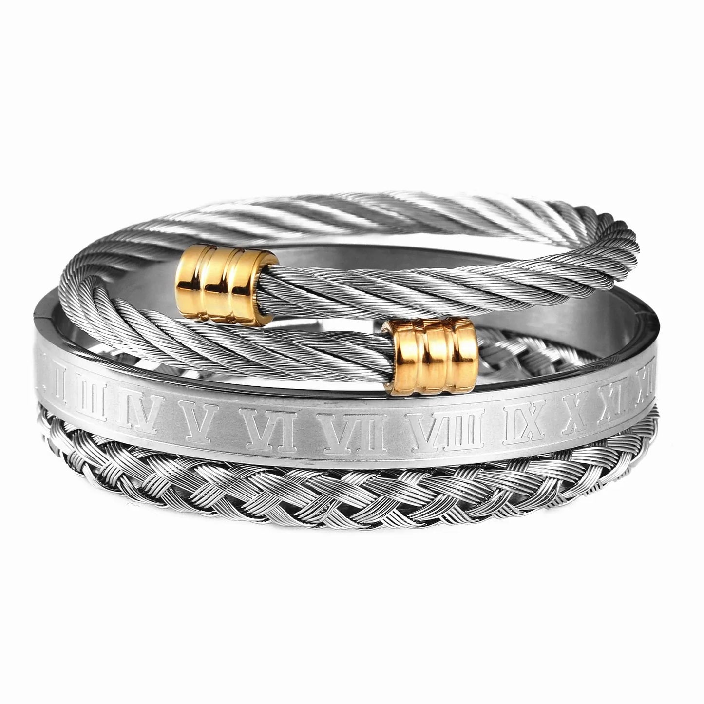 Luxury Stainless Steel Bracelet Set with Roman Numeral Charm for Men