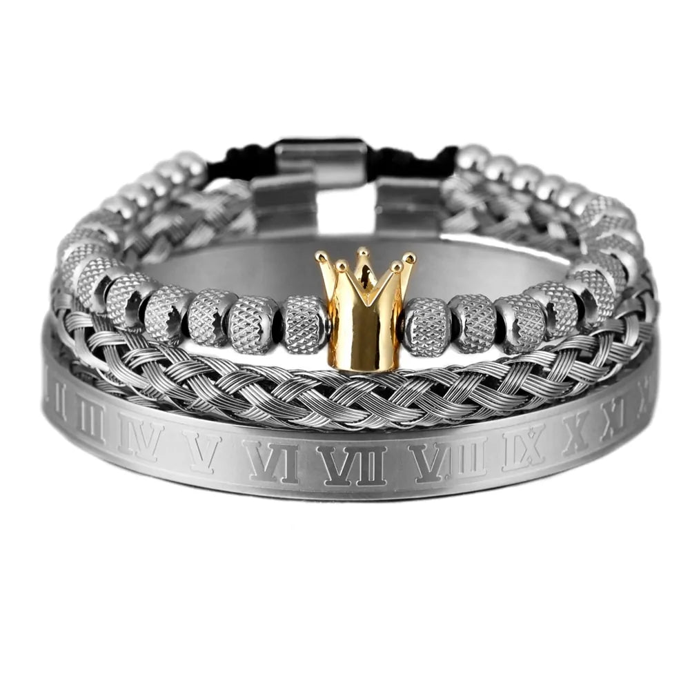 Luxury Stainless Steel Bracelet Set with Roman Numeral Charm for Men