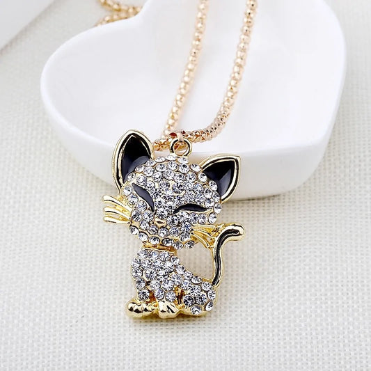 Gold Filled Rhinestone Cat Necklace: Enamel Crystal Pendant