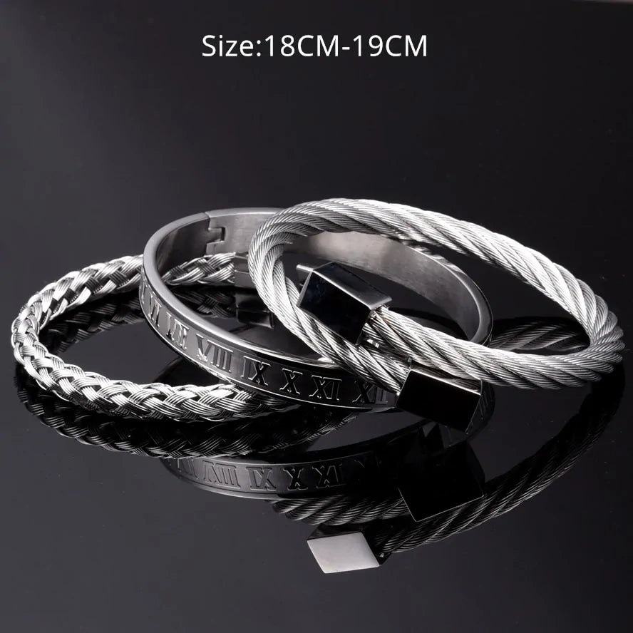 Luxury Stainless Steel Bracelet Set with Roman Numeral Charm for Men